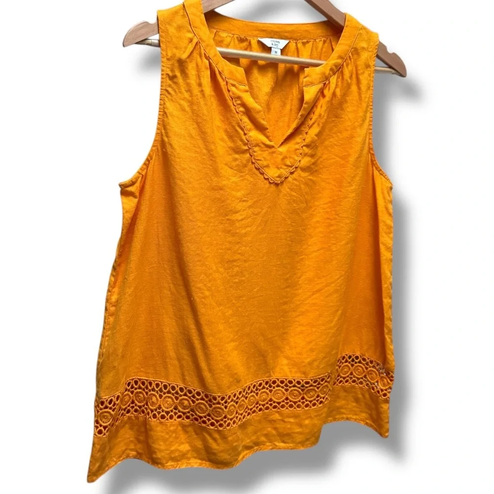 Crown & Ivy Womens Marigold Orange 100% Linen Eyelet Lace Sleeveless Top M - Picture 3 of 8